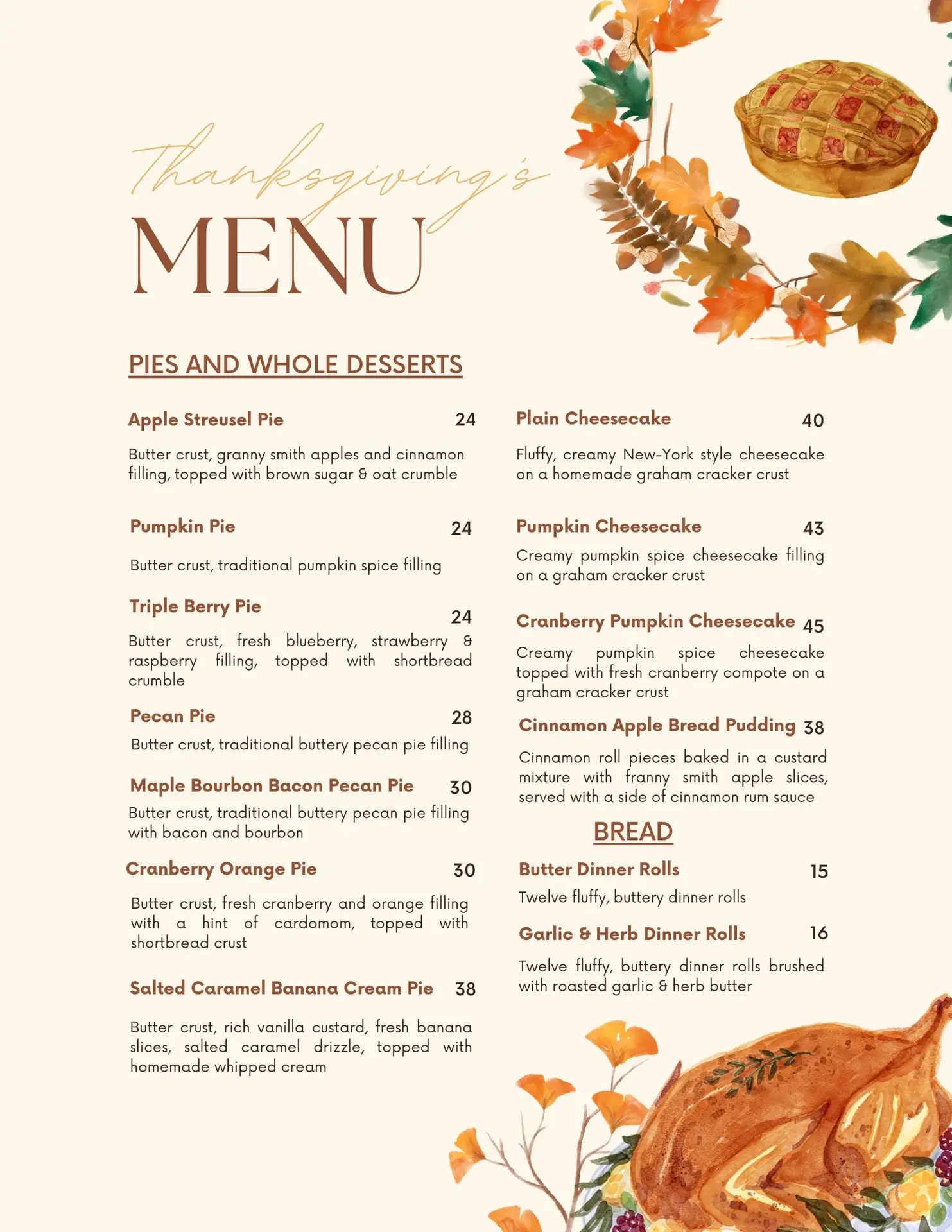 Thanksgiving Menu Sister My Sister Bake Shop